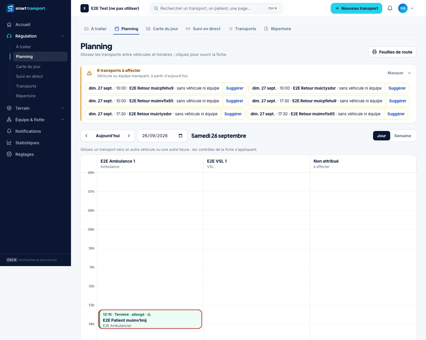 Smart Transport : planning du jour par véhicule, transports à affecter (données de démonstration)