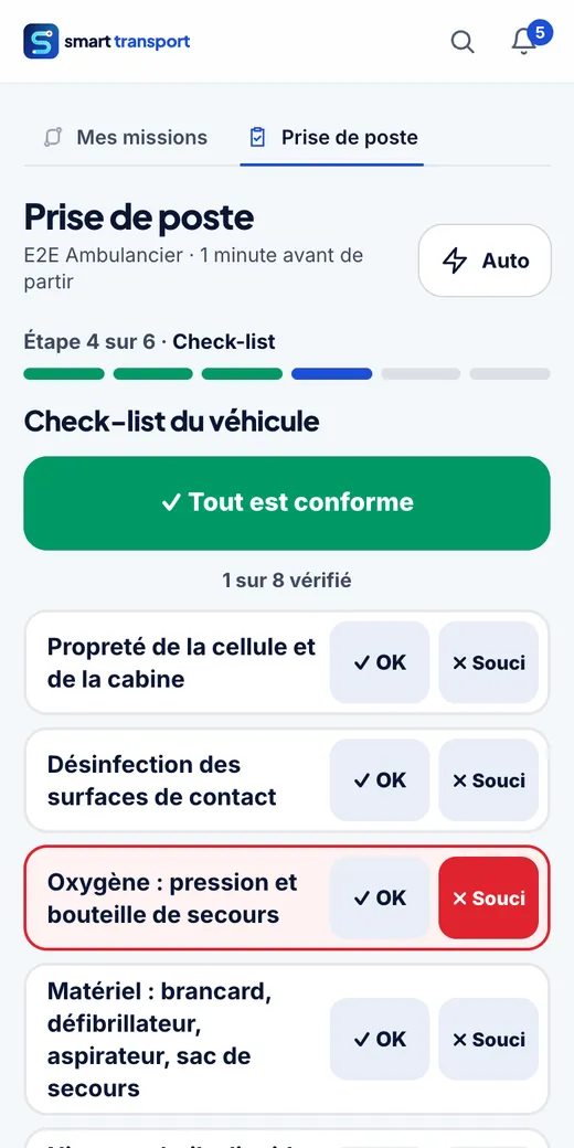 Smart Transport, application équipage : check-list du véhicule à la prise de poste (données de démonstration)